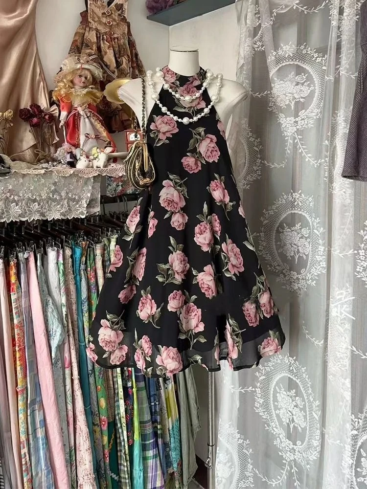 Summer Gothic Vintage Black Rose Floral Short Dress Women New Pure Desire Y2k Party Dresses Elegant Hot Chic Retro Outfit 2025