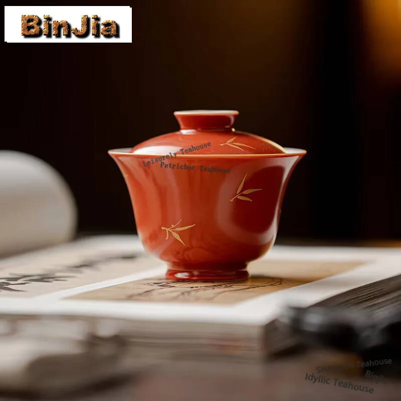 

110ml Coral Red Handmade Cover Bowl Household Handpainted Bamboo Gaiwan Elegant Anti Scald Tea Tureen Tea Making Tea Services