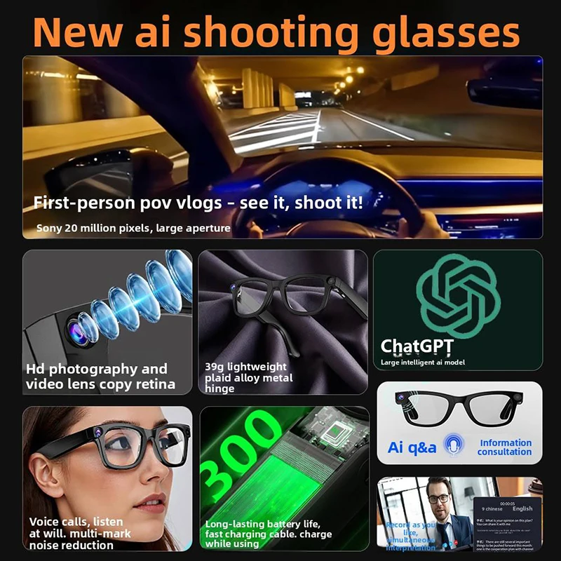 แว่นตาอัจฉริยะ AI พร้อมกล้อง 8MP บันทึกภาพและวิดีโอ แปลภาษา ตอบคำถามด้วย AI แว่นตาอัจฉริยะ เลนส์โพลาไรซ์ รองรับ CHAT GPT