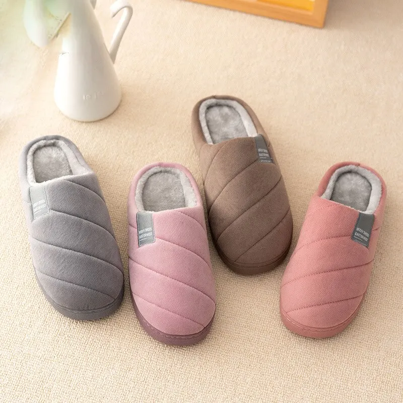 Women Home Slipper Winter Warm Plush Lining Slippers Slip On Striped Indoor Bedroom Platform Slides Male Female House Shoes