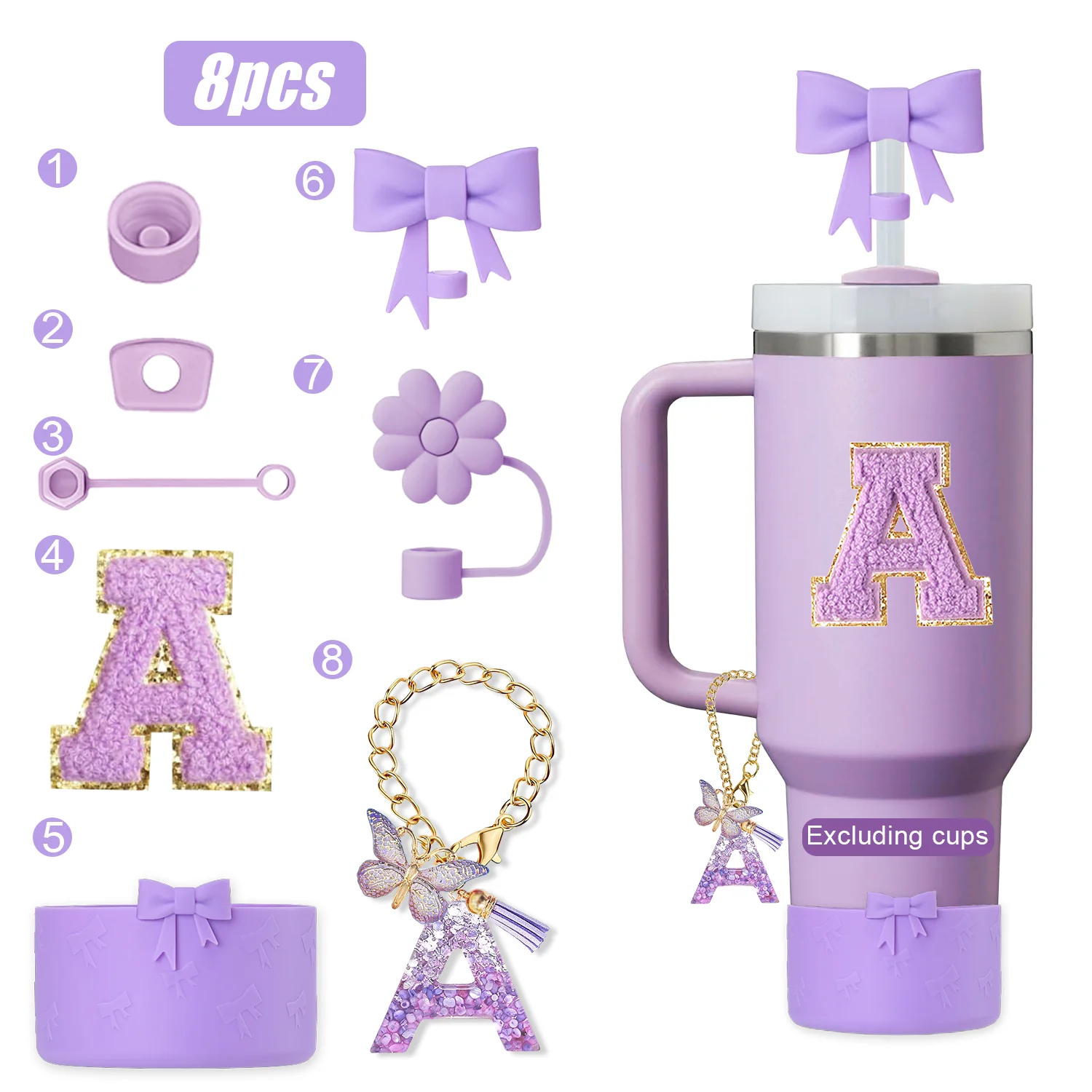 8 pieces of purple resin accessory set, 30oz 40oz, A-Z initials decoration, including silicone straw cover, stickers, can be tak