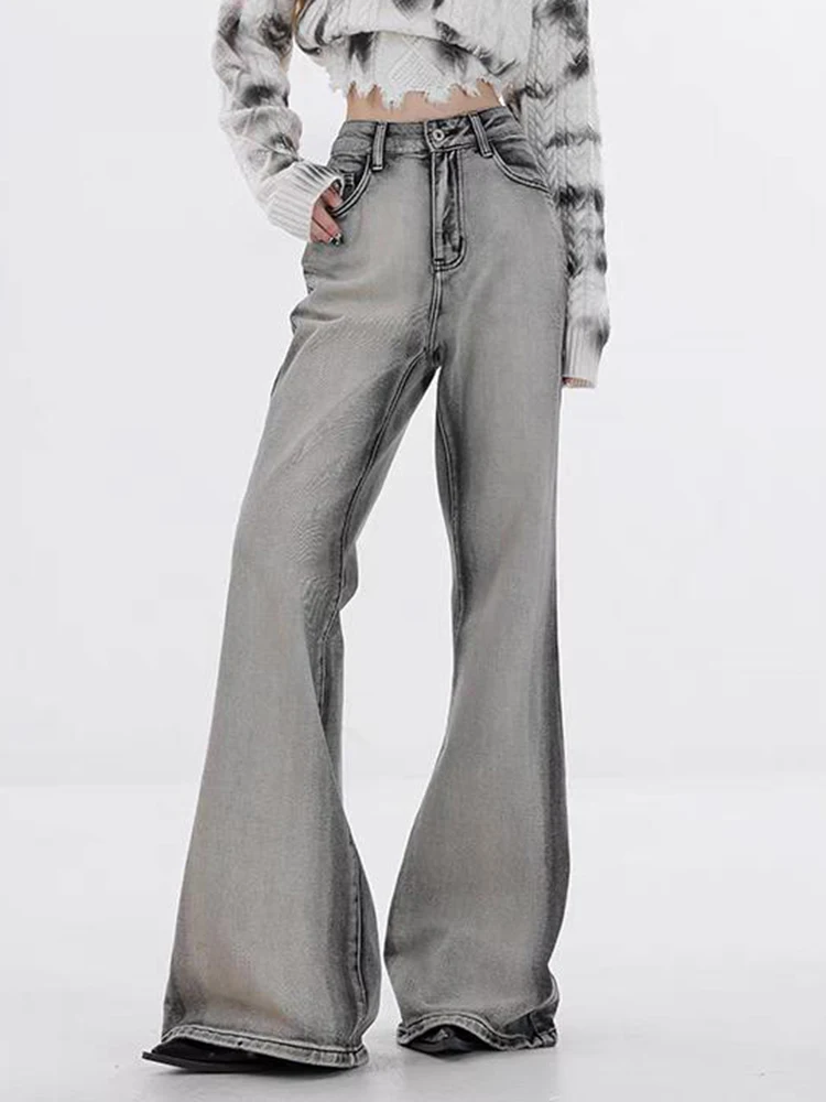 

Y2K Vintage Washed White Flared Jeans Women Slim Fit High Waist Micro Flare Pants Gradient Polished Denim Trousers