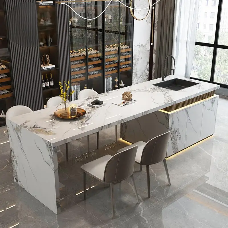 طاولة جزيرة المطبخ الفاخرة مع سطح كوارتز وحوض متكامل، بار عالي التحمل مقاوم للحرارة للمنزل الحديث