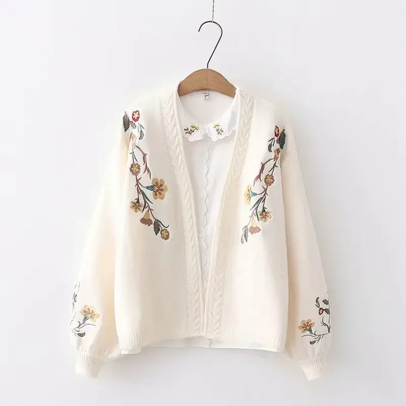 Gagaok Women Knitted Fashion Cardigan Spring Autumn V-Neck Lantern Sleeve Embroidery Floral Thick Loose Harajuku Female Sweater