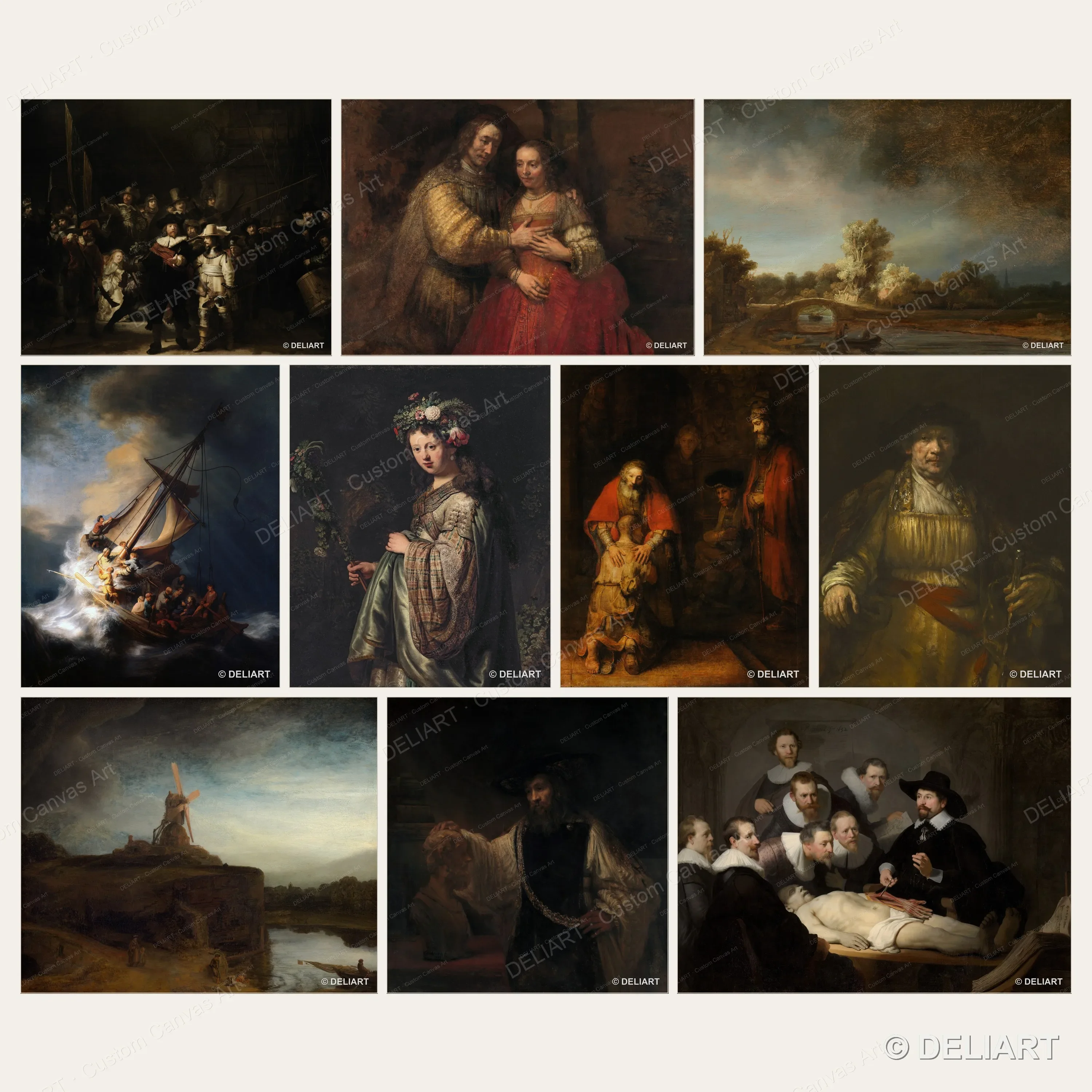 1 PC Rembrandt Canvas Wall Art Night Watch Jewish Bride Storm on the Sea of Galilee The Mill Dutch Golden Age Painting Unframed