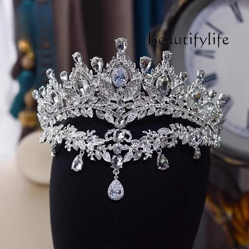 High-Grade Rhinestone Bridal Wedding Main Yarn Crown Headdress Princess Birthday Adult Ceremony Luxury