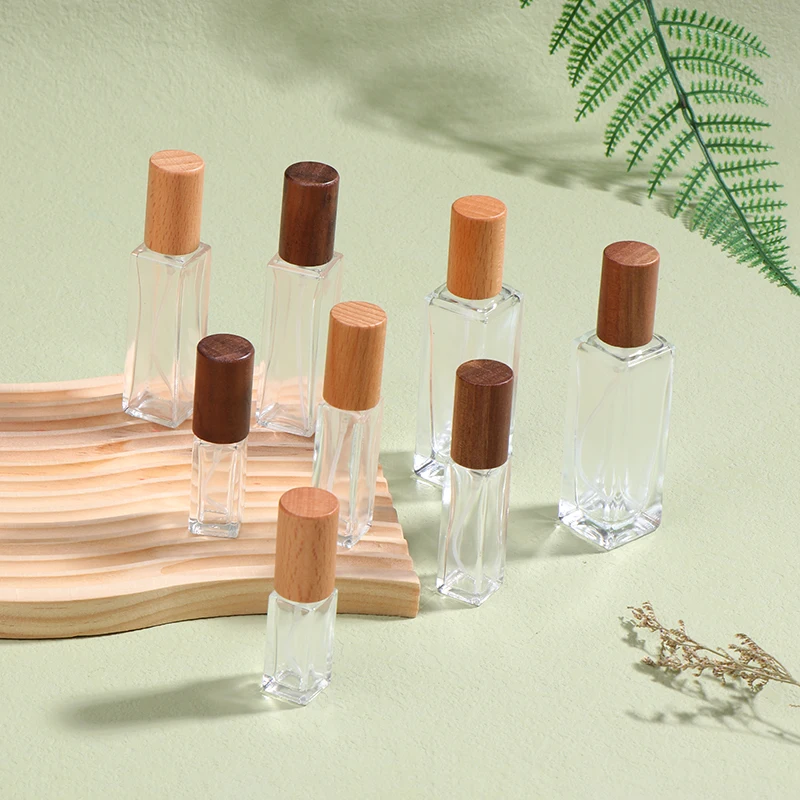 5/10/20/30ml Glass Refillable Perfume Bottle Cosmetic Container Beech Lid Empty Spray Atomizer Walnut Cover Travel Sub-bottle