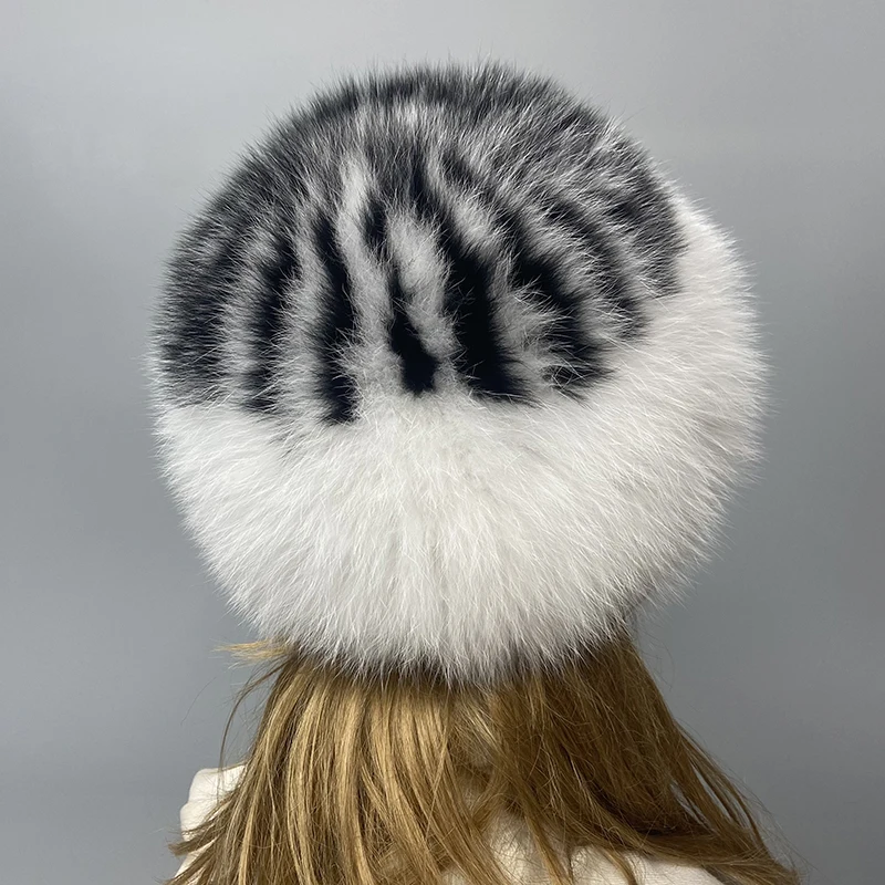 Women's Knitted Fox Fur Hat - Warm Elastic Beanie with Patchwork Design, Russian Winter Fur Cap for Comfort