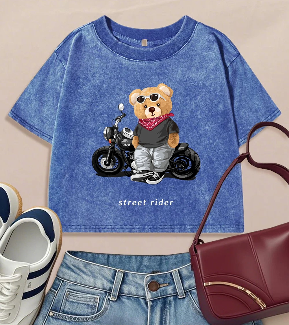 

Женская потертая укороченная футболка с принтом медведя Cool Street Rider, хлопковая повседневная футболка в стиле хип-хоп, летняя уличная одежда Y2K, тонкая футболка с круглым вырезом
