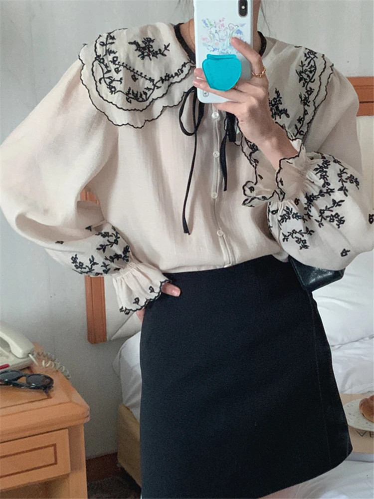 BL9766 New 2023 Korean Fashion Office Embroidery Pagoda Sleeve Oversized Women Blouses Shirts Spring Vintage Elegant Lady Tops