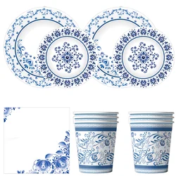 Blue and White Porcelain Theme Birthday Decorations Disposable Tableware Paper Material Cups Napkins Plates Tablecloth