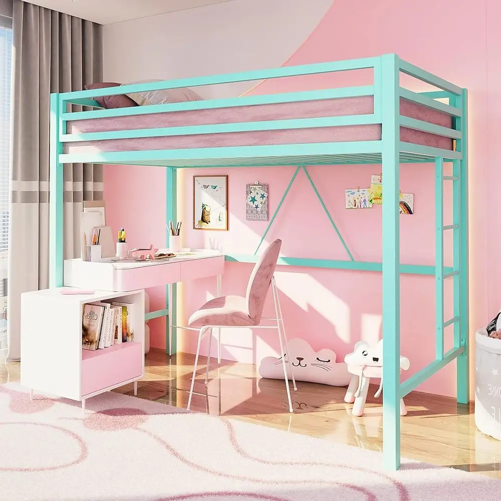 

Twin Size Metal Lot Bed with Safety Rail and Ladder, No Box Spring Required, Space-Saving Bedroom Furniture, Aqua Green