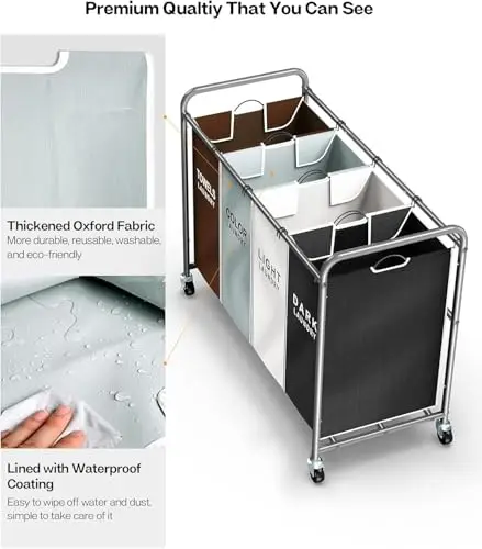 

4-Compartment Rolling Laundry Organizer Cart With Locking Casters And Washable Oxford Fabric Bins