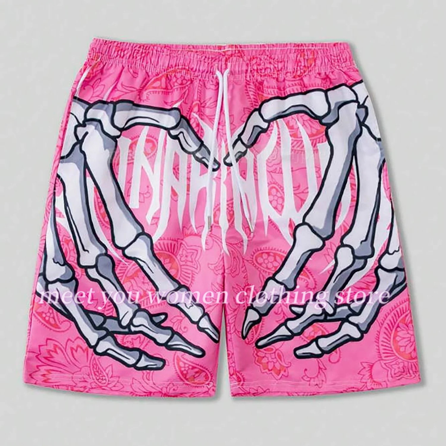 Women Summer Classic Skull Beach Short Pants New Fashion Skeleton Hand Print Men Women Gym Shorts Quick Drying Trunks  Shorts