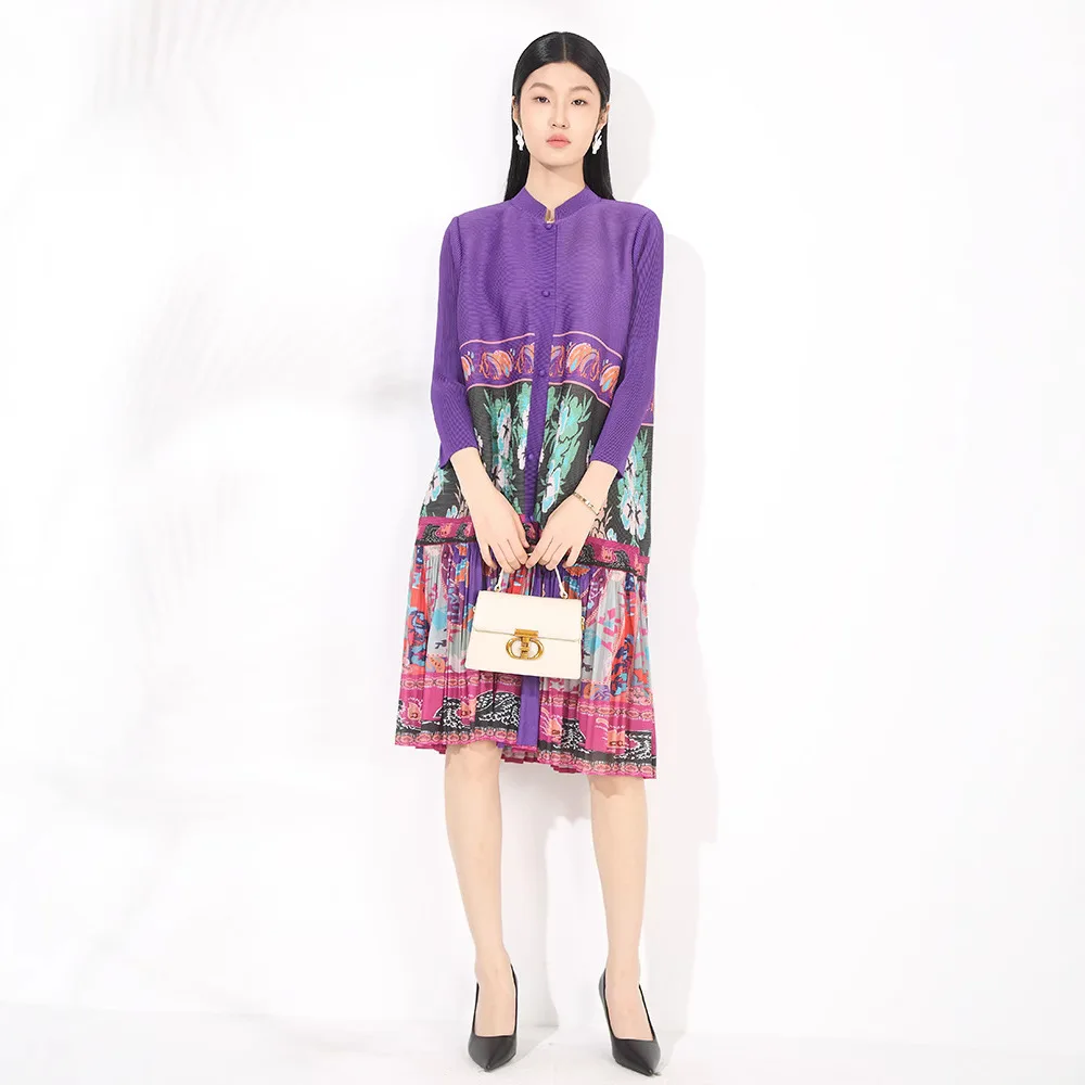 2025 ฤดูร้อน Retro ดอกไม้พิมพ์สบายๆกว้าง Pine STAND COLLAR SINGLE Breasted เกาหลีค็อกเทลผู้หญิง Elegant Dress