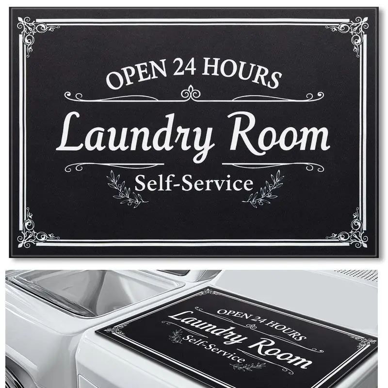 VIKAMA Black Laundry Room Text Washing Machine Top Mat Open 24 Hours Self Service Vintage Frame Absorbent Dustproof Laundry Room