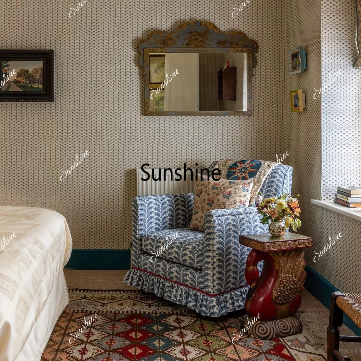 

YFrench retro printed fabric sofa single chair living room pastoral small apartment furniture