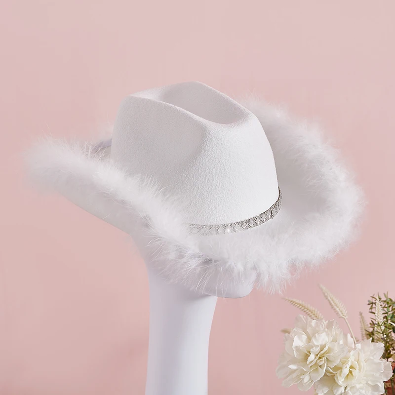 CocMouse Cowboy Hat for Women Fluffy Feathers Trim Wide Brim Flat Top Disco Cowgirl Hat Western Club Party Costume Props