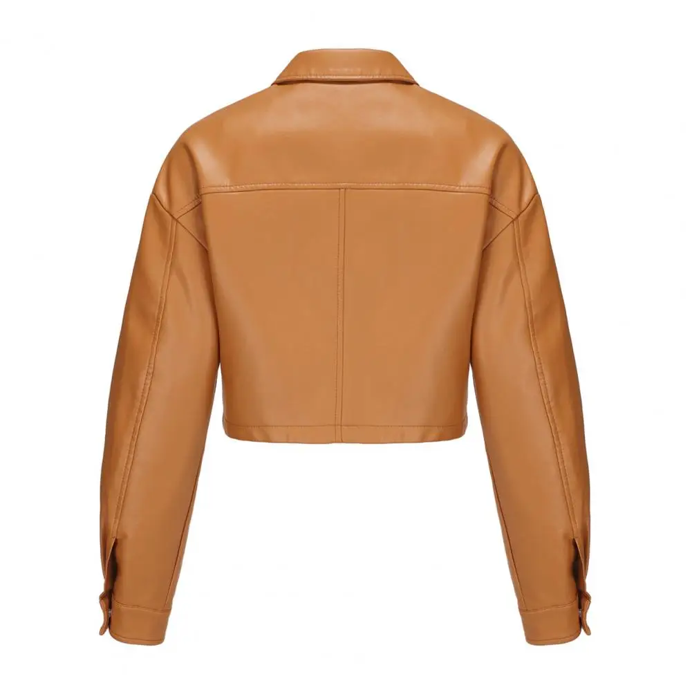 Short Jacket Stylish Women's Windproof Faux Leather Motorcycle Coat with Slim Fit Design Chest Pocket Fashionable for Bikers