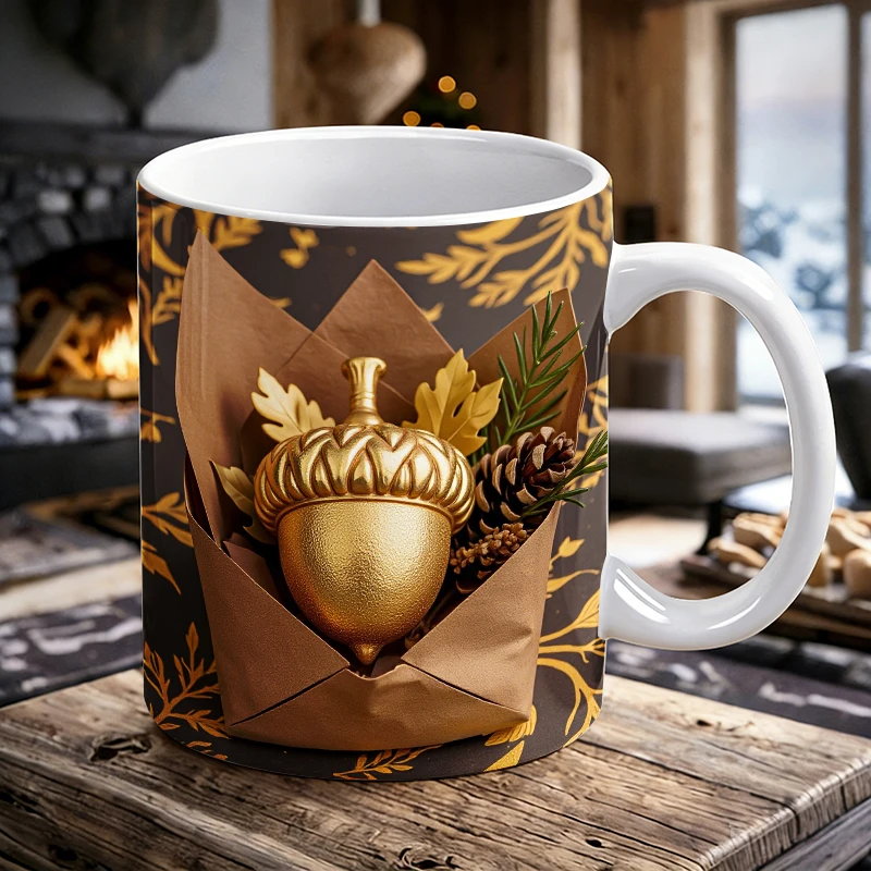 

Luxury Gold Acorn Mug Fall Thanksgiving Coffee Cup Dark Brown Gold Leaf Ceramic Water Cup for Thanksgiving Gift Family Friends