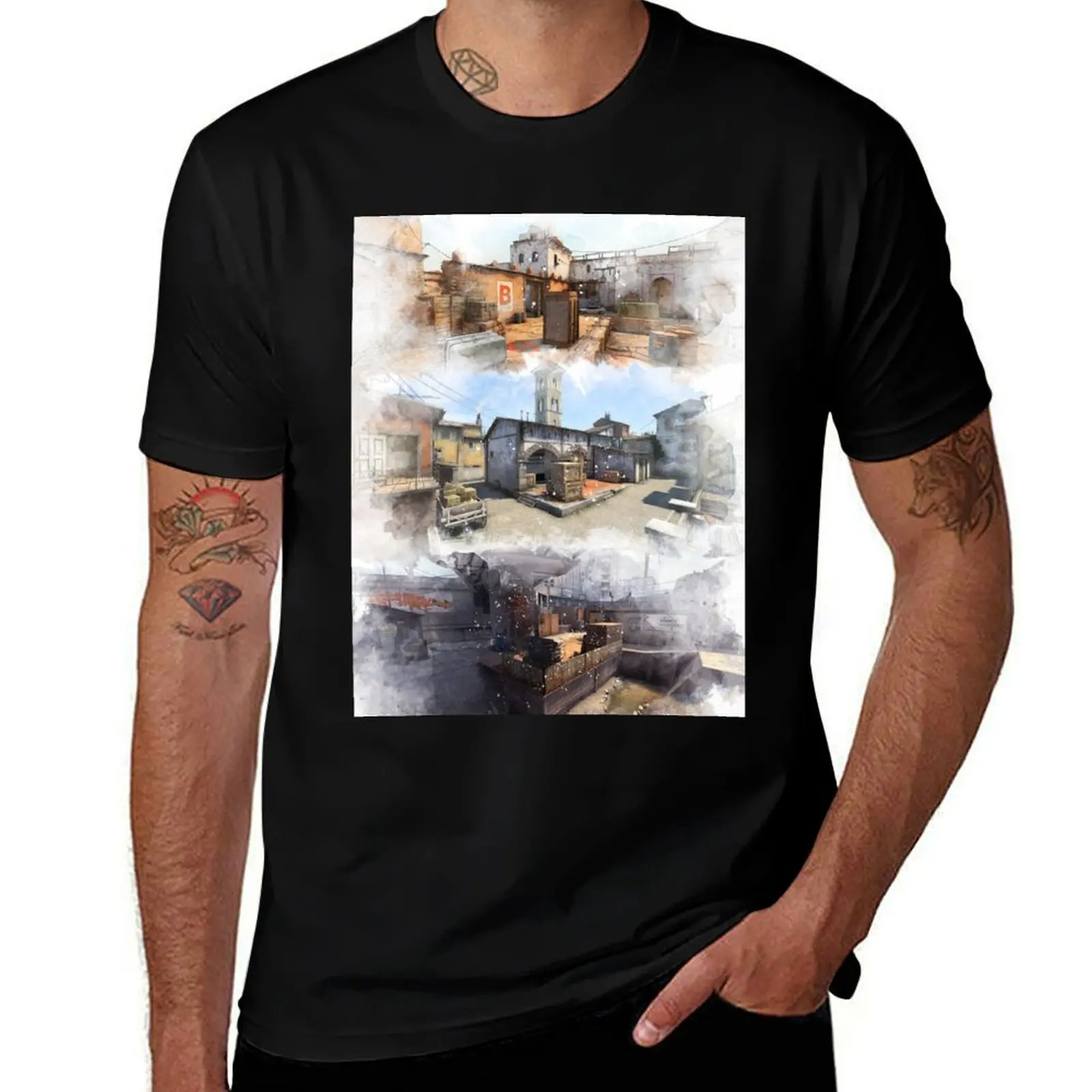Dust 2 Inferno and Overpass Watercolour CSGO Map Poster T-Shirt Casual Breathable Short Sleeve Top T-Shirt