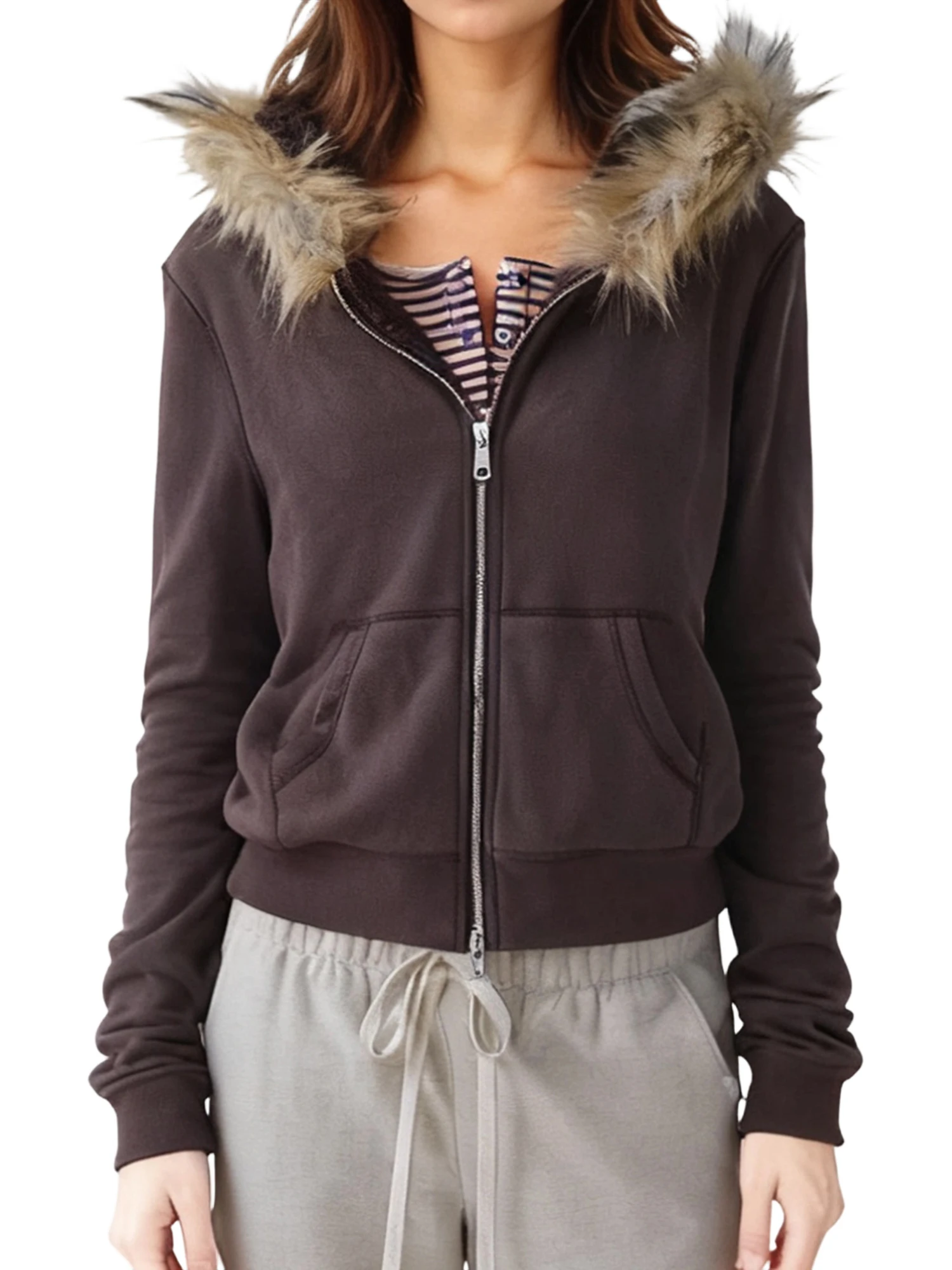 

Женская толстовка с длинным рукавом, меховой вставкой и пэчворком, повседневная уличная куртка-свитшот