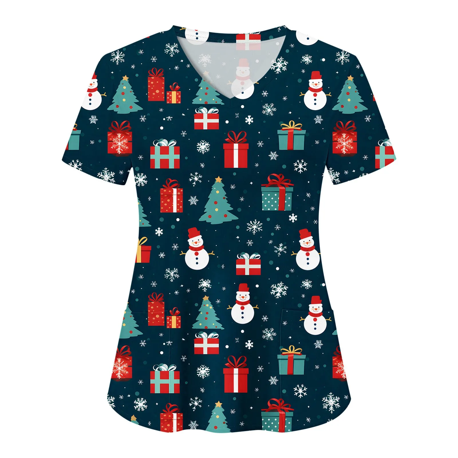 

Christmas Workers Scrub Nurse Uniforme Womens Shirts V Neck Short Sleeve Nursed Snowman Print Working Working Uniform Workwear