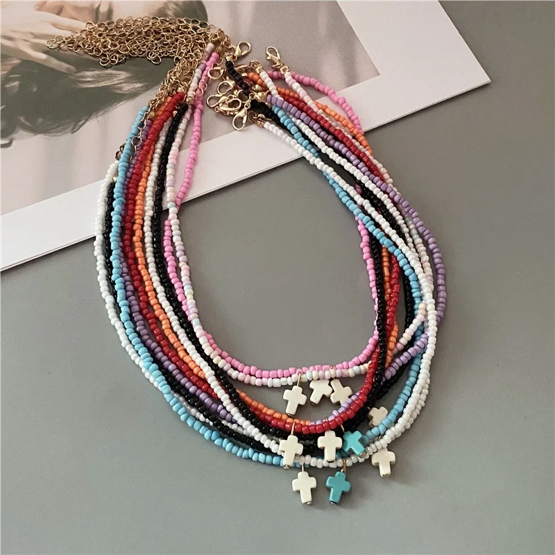 Fashion Cross PendantNecklace for Women Girl White Black Colorful Seed Beads Choker Necklace Trendy Gift Neck Jewelry
