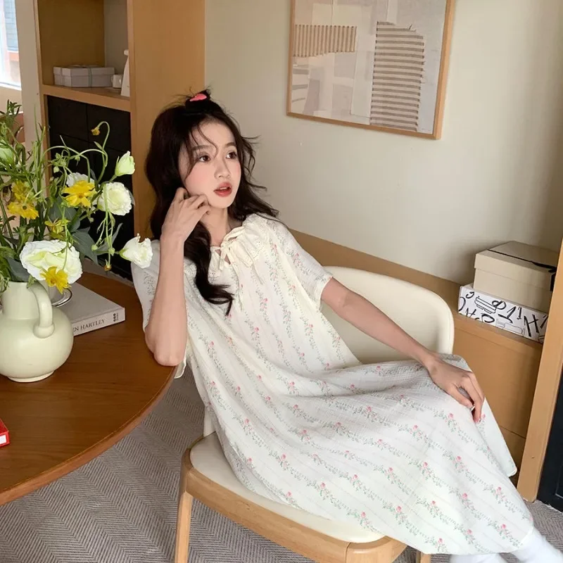 Floral Nightgown Sleepwear Women Korean Lace Summer One Piece Pajamas Dress Sleeping Short Sleeve Night Tie Home Wear 2024 New