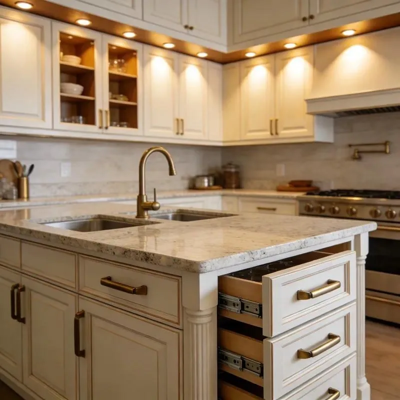 Modern Wood Outdoor Cabinet with Marble Countertops Brushed Stainless Steel Gold Trim and Slow Closing Drawers