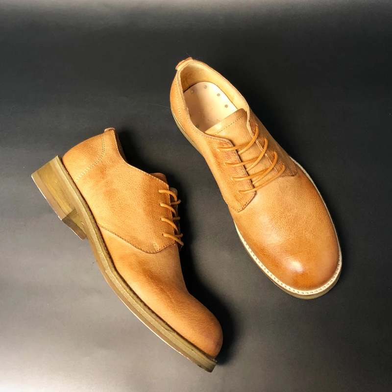 Handmade Casual Genuine Leather Wedding Shoes Men's Derby Lace Up Fashion Dress Business Leather Shoes Male Oxfords Brown