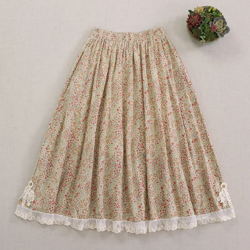 Spring Summer New Japanese Mori Girl Vintage Floral Printed Lace Patchwork Skirts Women Elastic Waist Casual Loose A-Line Skirts
