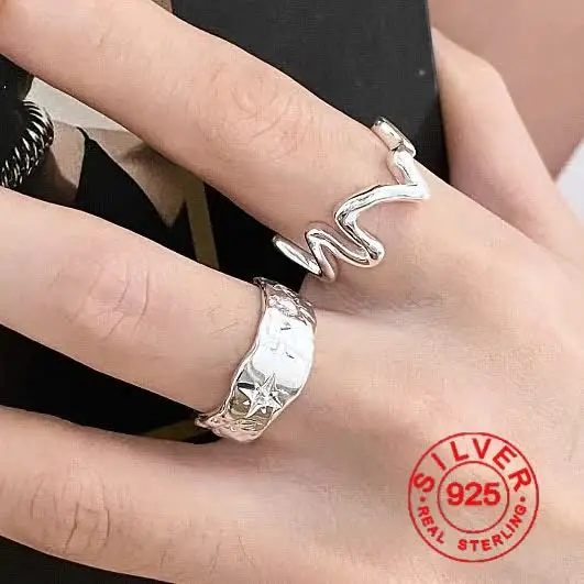 925 Sterling Silver Simple Ring For Women Fine Jewelry Finger Adjustable Open Vintage Wave Line Ring For Party Birthday Gift
