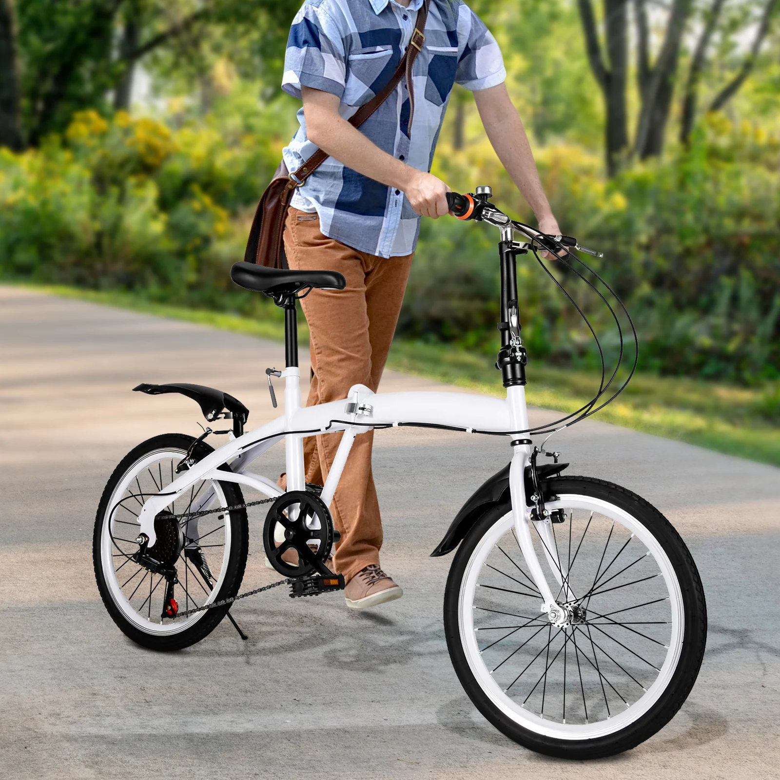 Bicicleta plegable blanca para niños y adultos (4,6-6,2 pies) - 6 velocidades, frenos en V duales, portátil para exteriores, arrugados, caminos de montaña