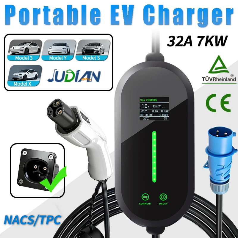 

Портативное зарядное устройство WEISHUN 32A 7KW NACS для электромобилей, регулируемый ток, зарядная станция EVSE