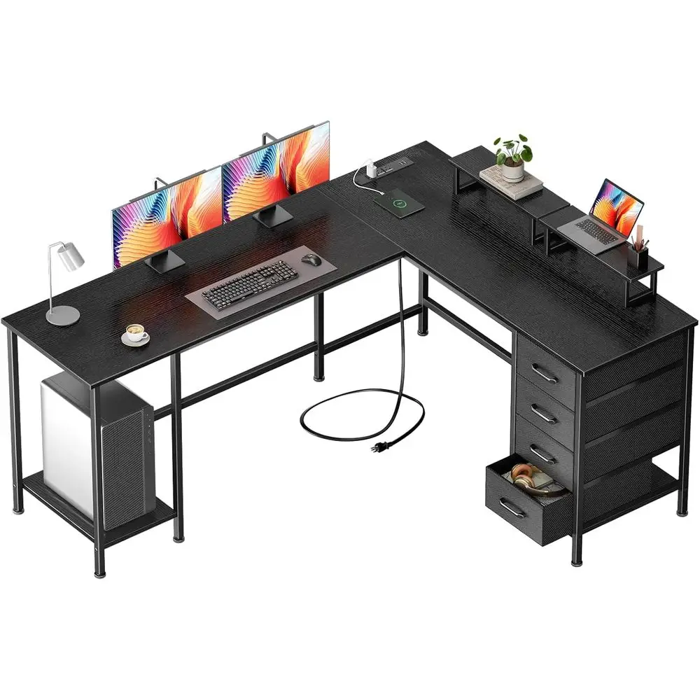 

66 L-Shaped Dual Desk with Power Outlets, Adjustable Shelves & Monitor Stands, Ideal for Gaming or Study, Black