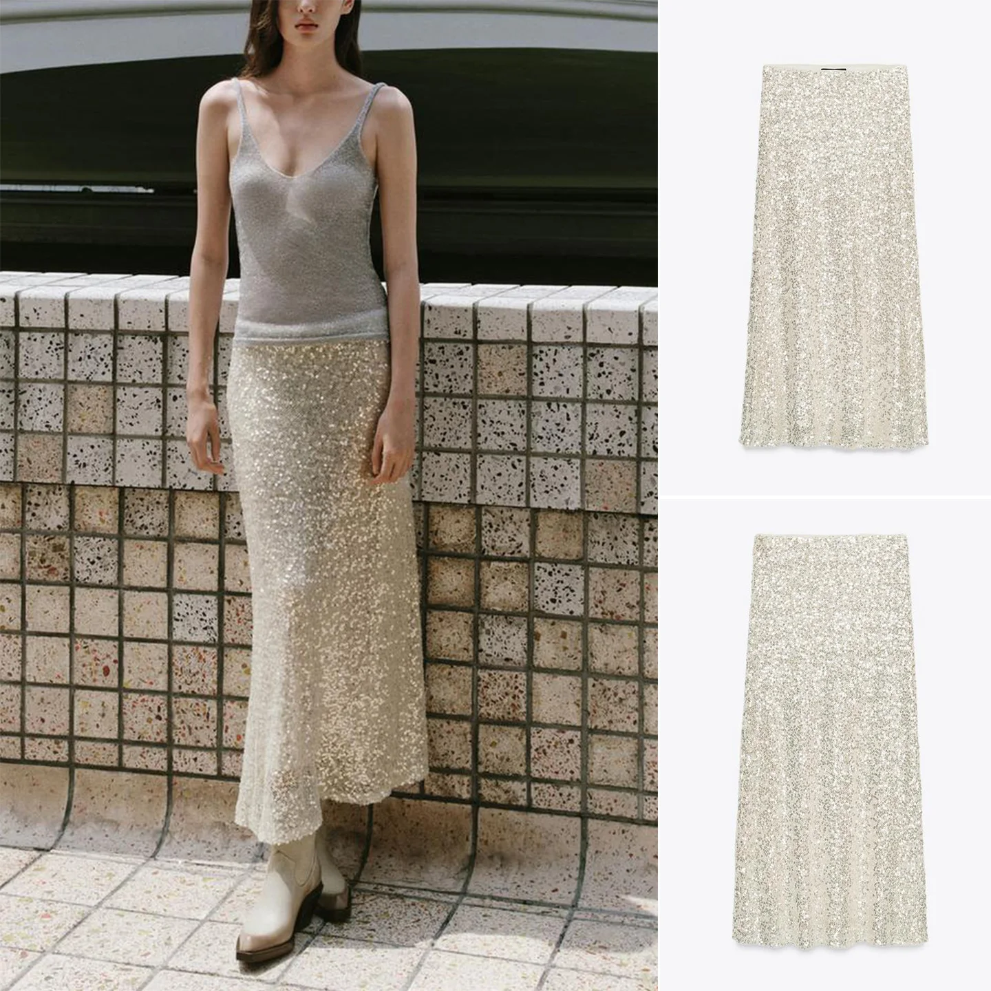 

Sweet Splice Sequin Patchwork Decorative Mid-Waist Midi Skirt Casual Polyester Fiber Stand Version Ladies Skirt