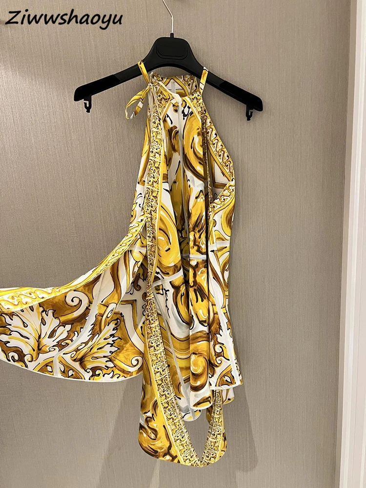 

High Quality Summer Women Fashion Runway Designer Sexy Halter Yellow And White Porcelain Printing Loose Silk Tops Shirts