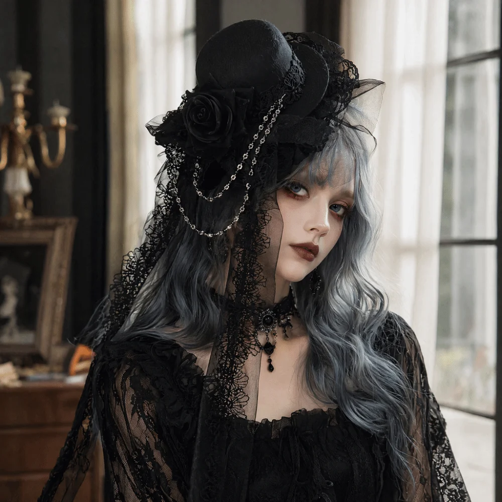 

Lace Gothic Lace Veil Chain Detail Rose Decoration Mini Top Chiffon Rose Hat Victorian Elegant Style Retro Small Top Hat