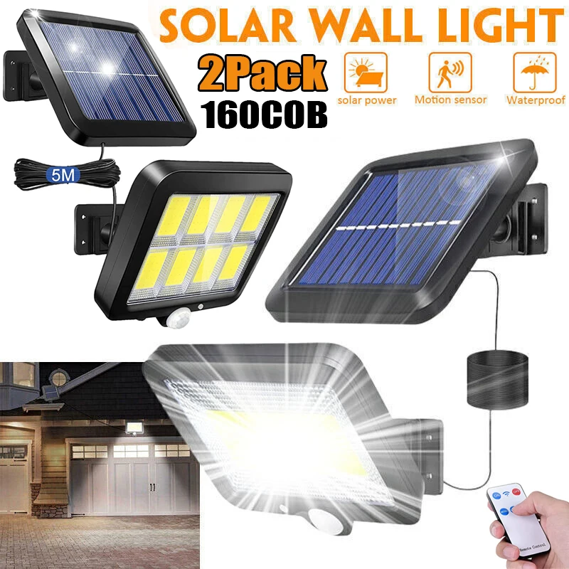 Luces solares impermeables para exteriores, lámpara de pared de calle 160COB con Sensor de movimiento, luz de seguridad Solar LED, luz de inundación para el hogar y el jardín