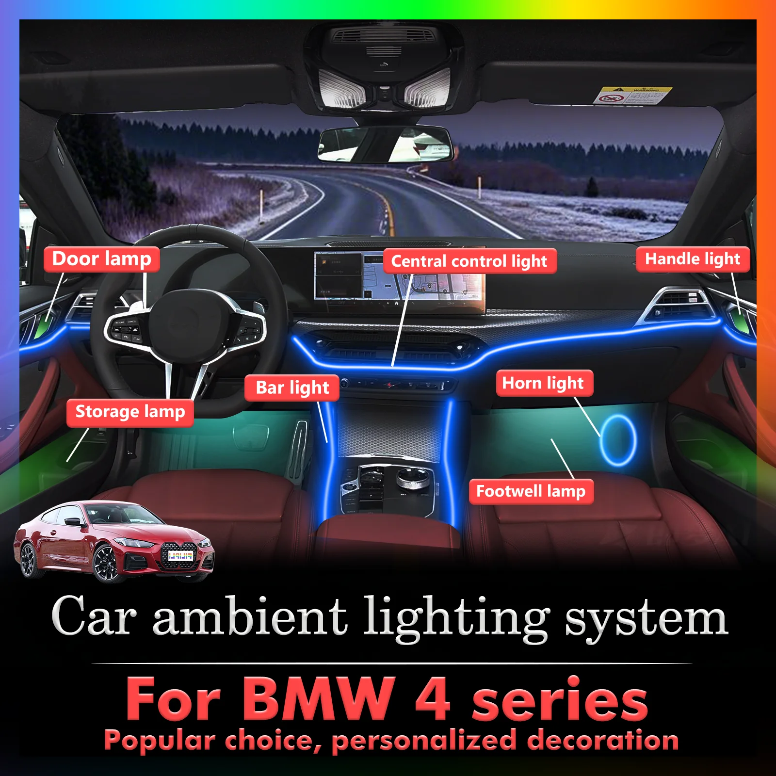 14 In1 For BMW 4ser F32 F33 F36 F82 F83 G22 G23 G26 G82 G83 Car Interior Ambient Lamps 64 Colorful Atmosphere Lights Auto LED