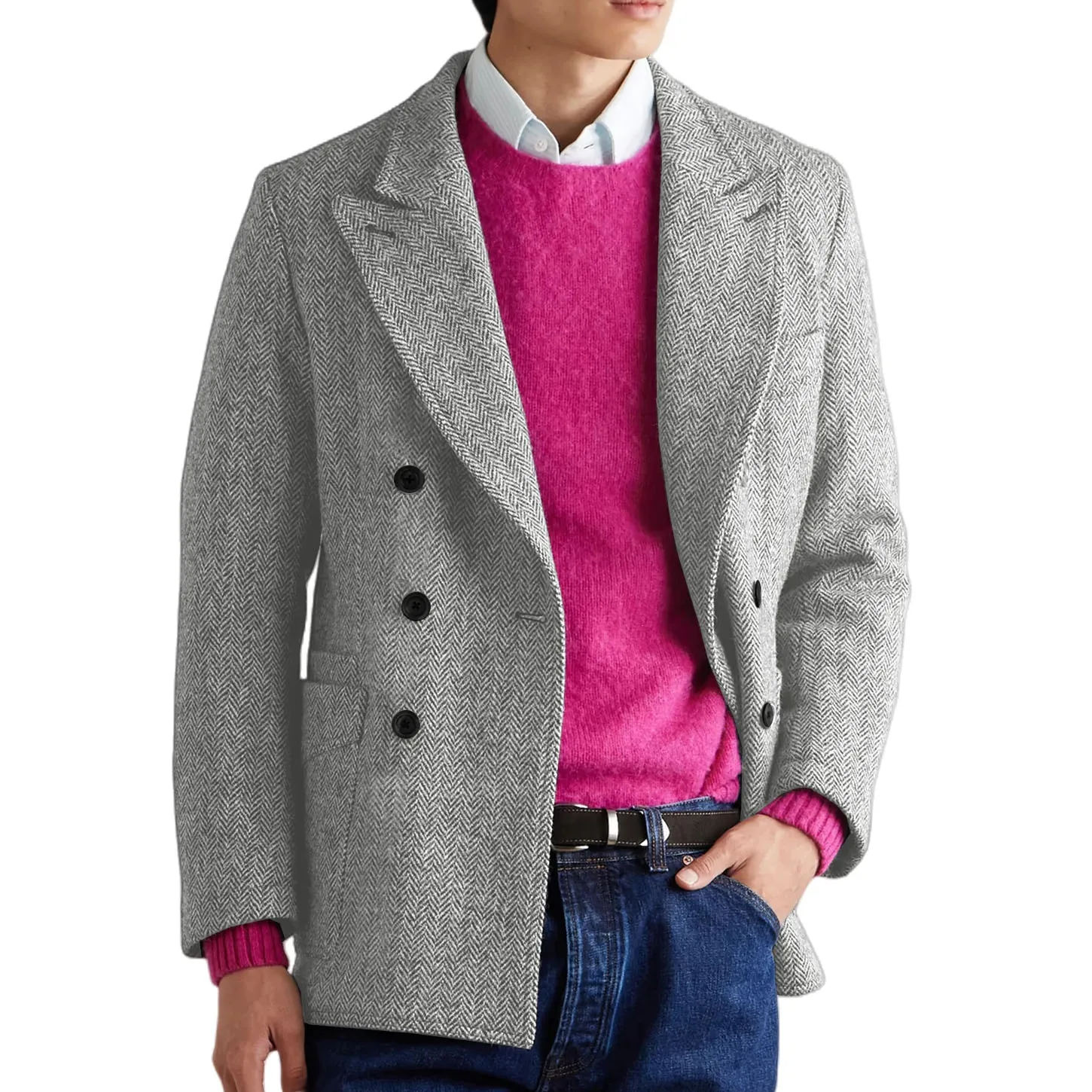 イタリアンスタイル メンズ ヘリンボーン ブレザー スリムフィット ダブルブレスト カジュアル 快適 ファッションジャケット ヴィンテージ カスタム アウターウェア