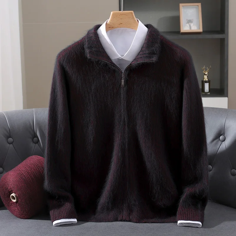Men's Mink Cashmere Cardigan Sweater Stand Collar Full Zip Vertical Ribbed Sophisticated All‑match Long Sleeve Solid Knit Top