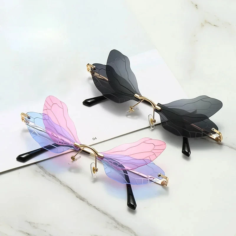 

Fashion Dragonfly Wings Rimless Sunglasses Catwalk Women's Luxury Funny Sun Glasses Shades For Women UV400 2024 Brand SG034