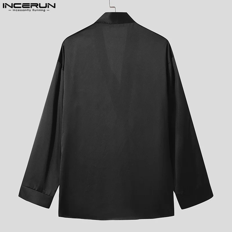 INCERUN Men Shirt Printing Patchwork V Neck Long Sleeve Transparent Men Clothing Lace Up Loose Streetwear 2024 Fashion Shirts