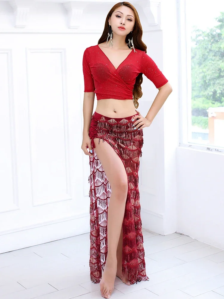 New Belly Dance Suit Women's Oriental Dance Sequined Sexy Watch Performance Dress Long Skirt Practice Clothes