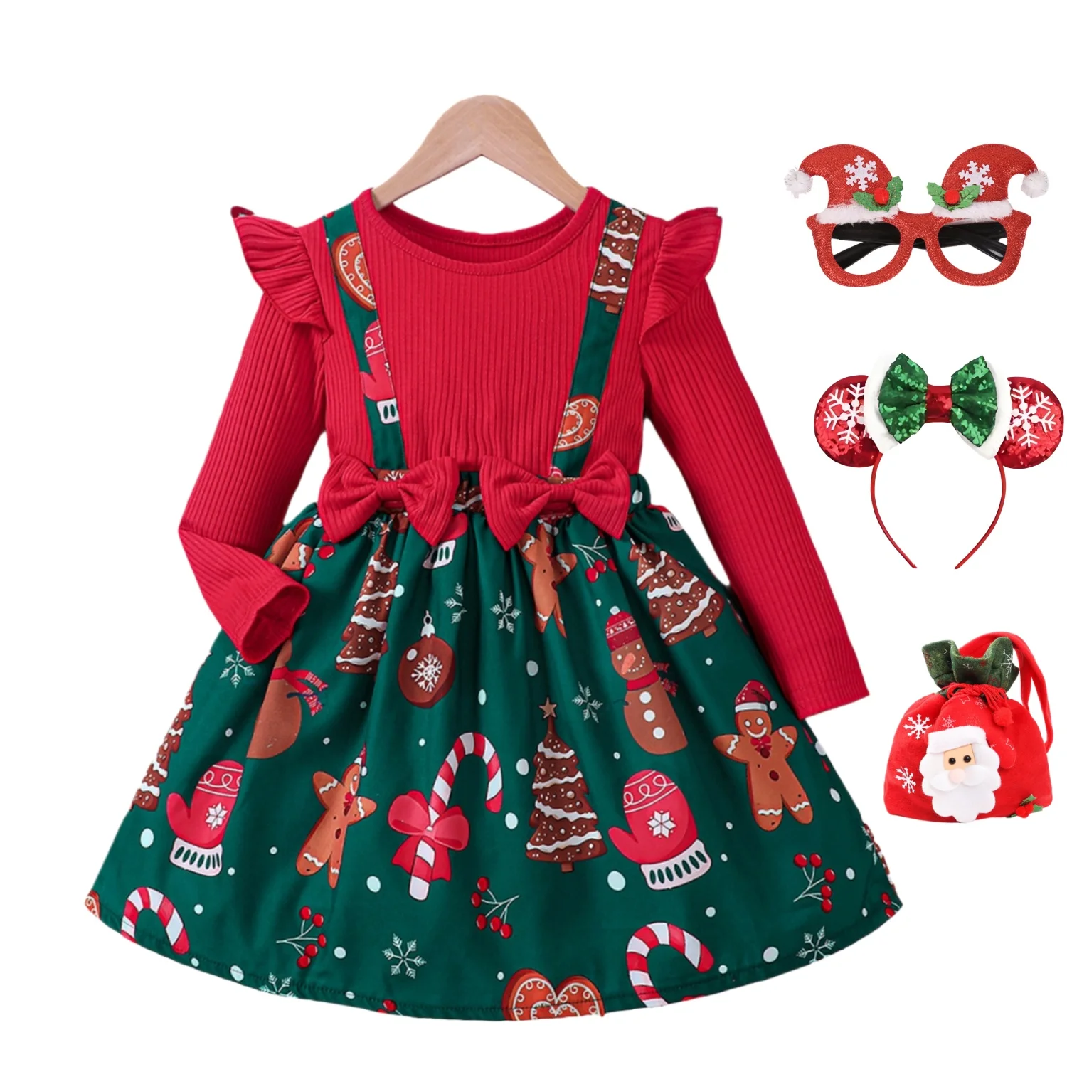 فساتين سهرة للعام الجديد لعام 2026 للفتيات بأكمام طويلة مرقعة باللون الأحمر والأخضر مطبوع عليها رسوم كرتونية لعيد الميلاد/حفلة عيد الميلاد ملابس أطفال #3