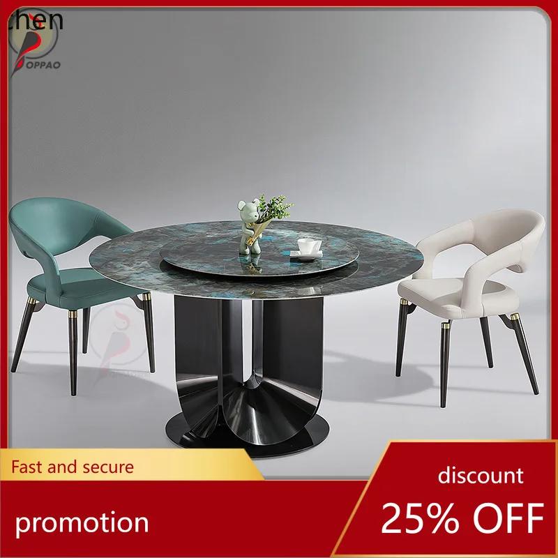 YFY Light Luxury  Stone Round Table Marble Dining Table and Chairs Home  Simple Color Crystal Stone Rock Plate  Dining Table