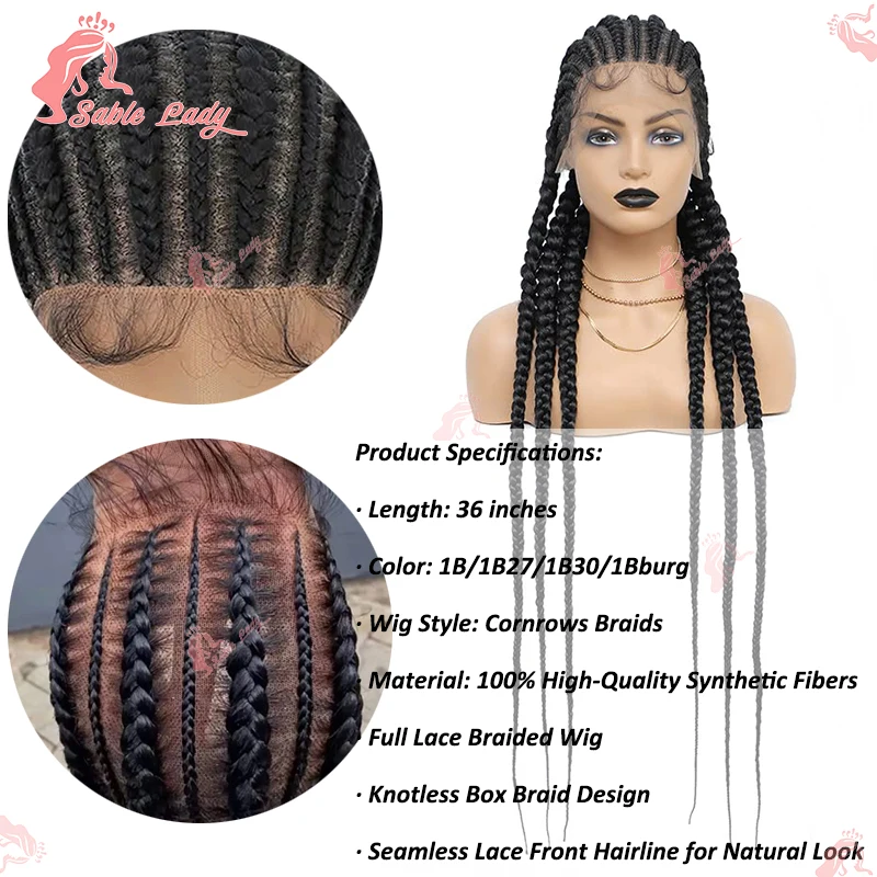 Pelucas trenzadas de encaje completo, trenzas sintéticas Cornrow, pelucas de encaje para mujeres negras, trenzas en caja sin nudos de 36 ", peluca de cabello trenzado negro