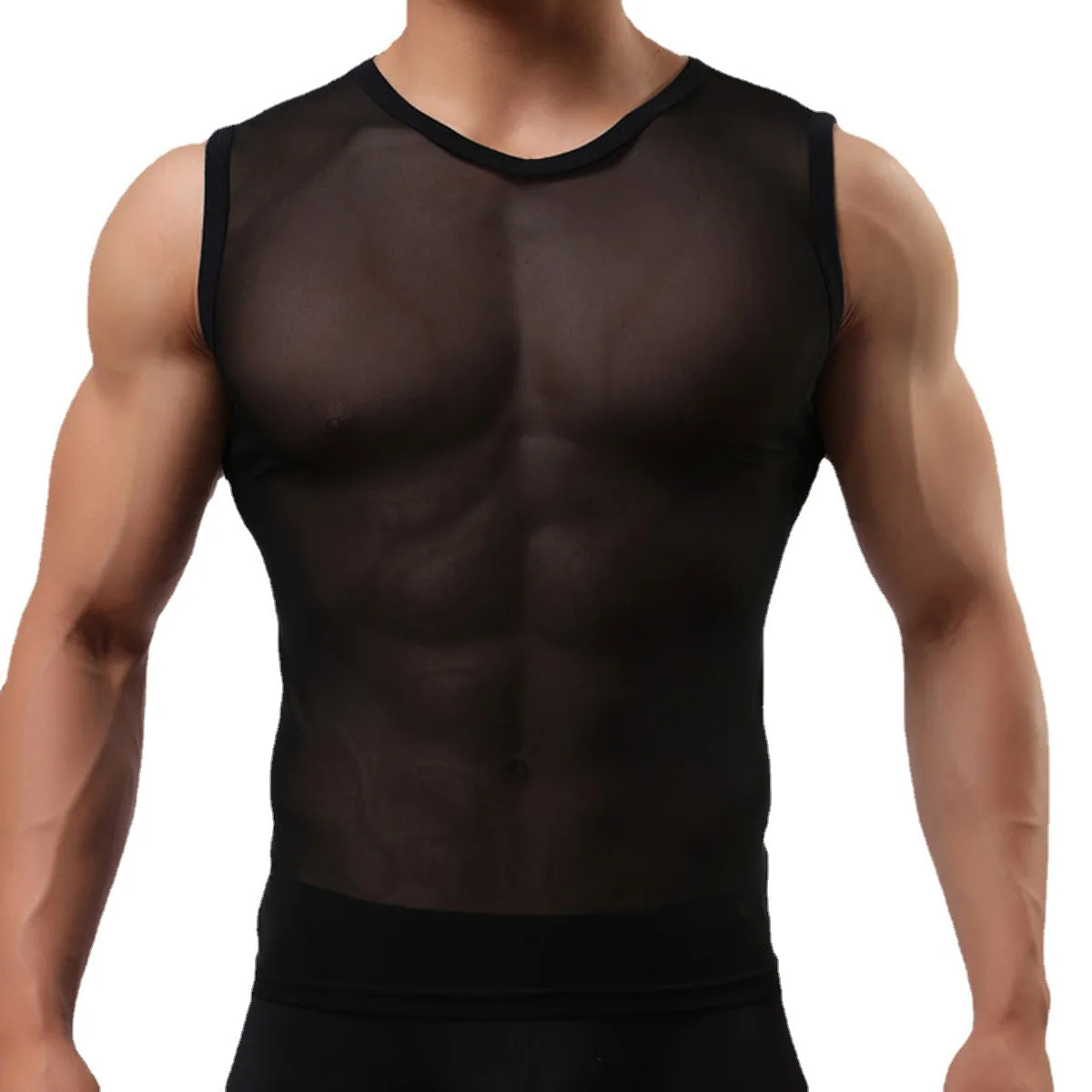 Men's Undershirts Sexy Transparent Musle Tank Tops Elastic Vest Man Sleeveless Sheer Fitness T-Shirt Clubwear Singlet Breathable